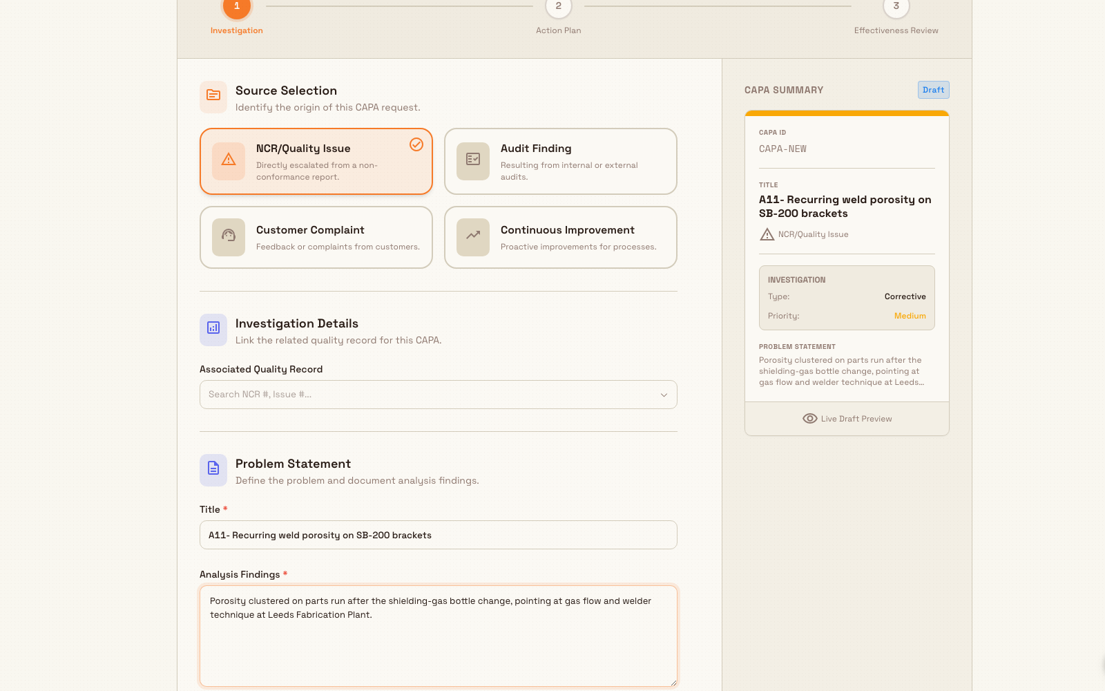 Step 1 of the Create CAPA wizard showing the four source selection cards and the title and analysis findings fields, with a live preview panel on the right.