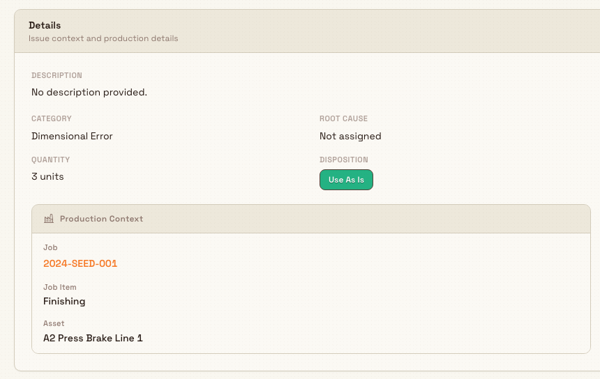 Production Context section on a quality issue showing a linked Job, the Job Item operation name, and the Asset name.