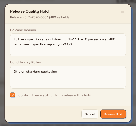 Release Quality Hold dialog with Release Reason, Conditions and Notes, an authority confirmation checkbox, and a Release Hold button.