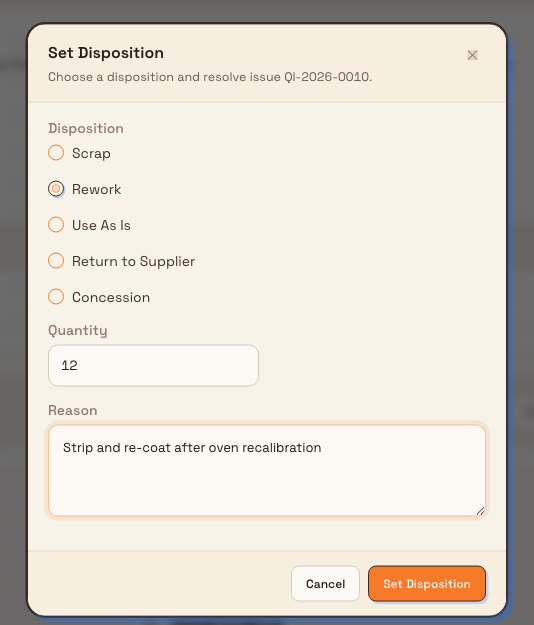 Set Disposition dialog listing disposition options with quantity and reason fields and a Set Disposition button.