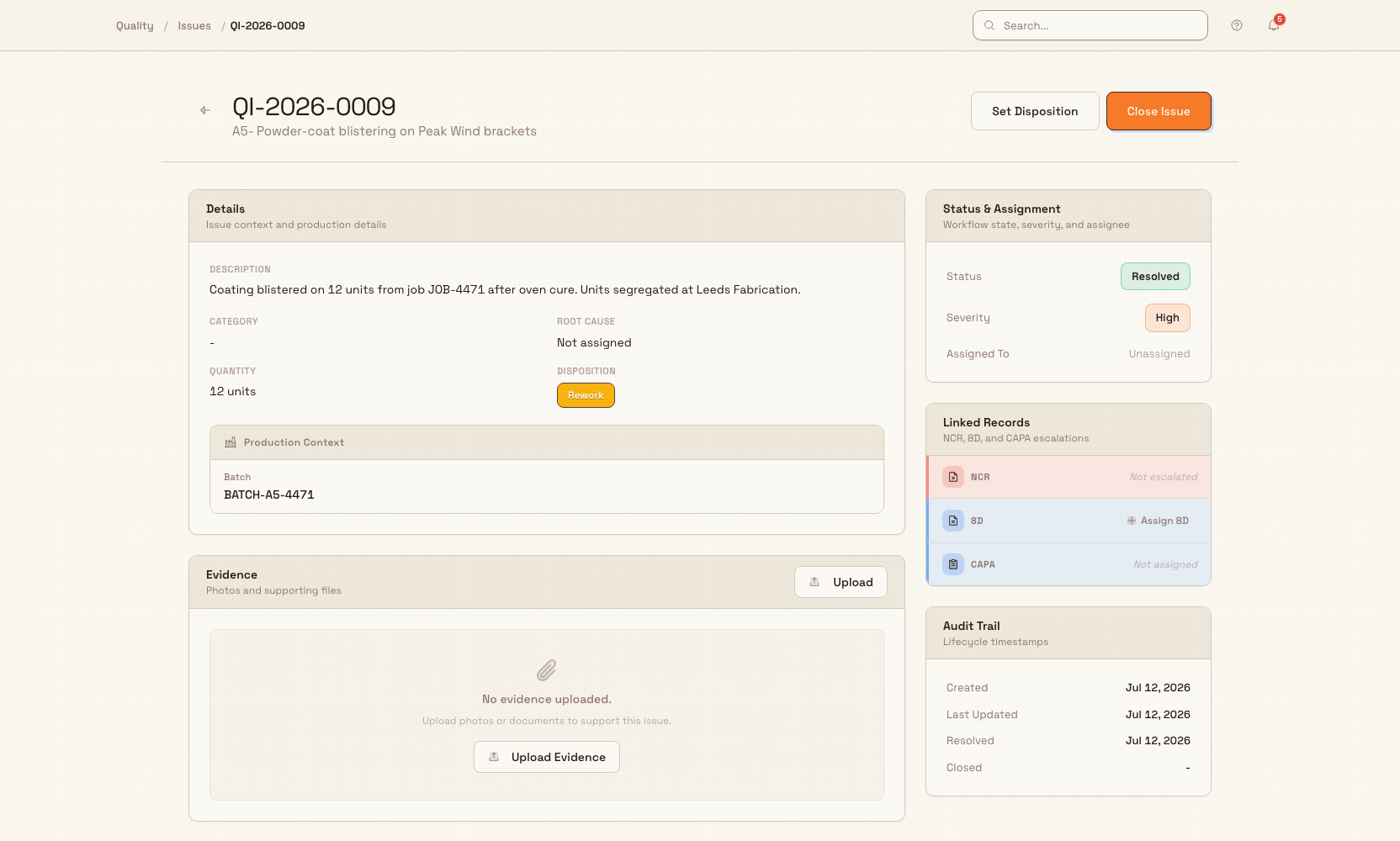 Resolved quality issue with a Close Issue button in the header and a Resolved timestamp in the audit trail.