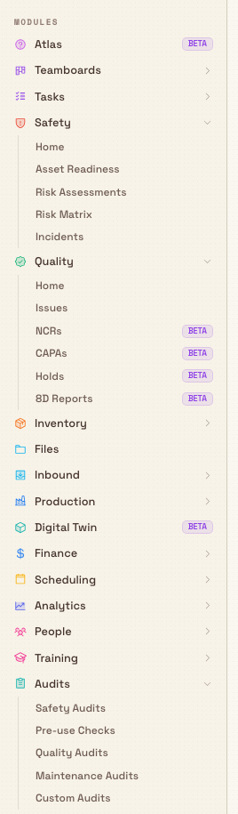 The Bulk left sidebar showing the Safety, Quality, and Audits modules expanded, with Beta badges on the Quality NCRs, CAPAs, Holds, and 8D Reports links.