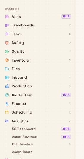The left sidebar Modules group with Analytics expanded to show its 5S Dashboard, Asset Revenue, OEE Timeline, and Asset Board reports.