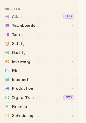 Bulk left navigation sidebar showing the Inbound, Production, Scheduling, Inventory, and Finance modules under the MODULES heading.