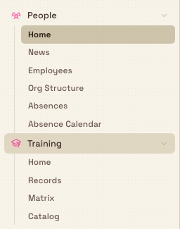 Sidebar MODULES group with the People and Training modules expanded, showing their section links.