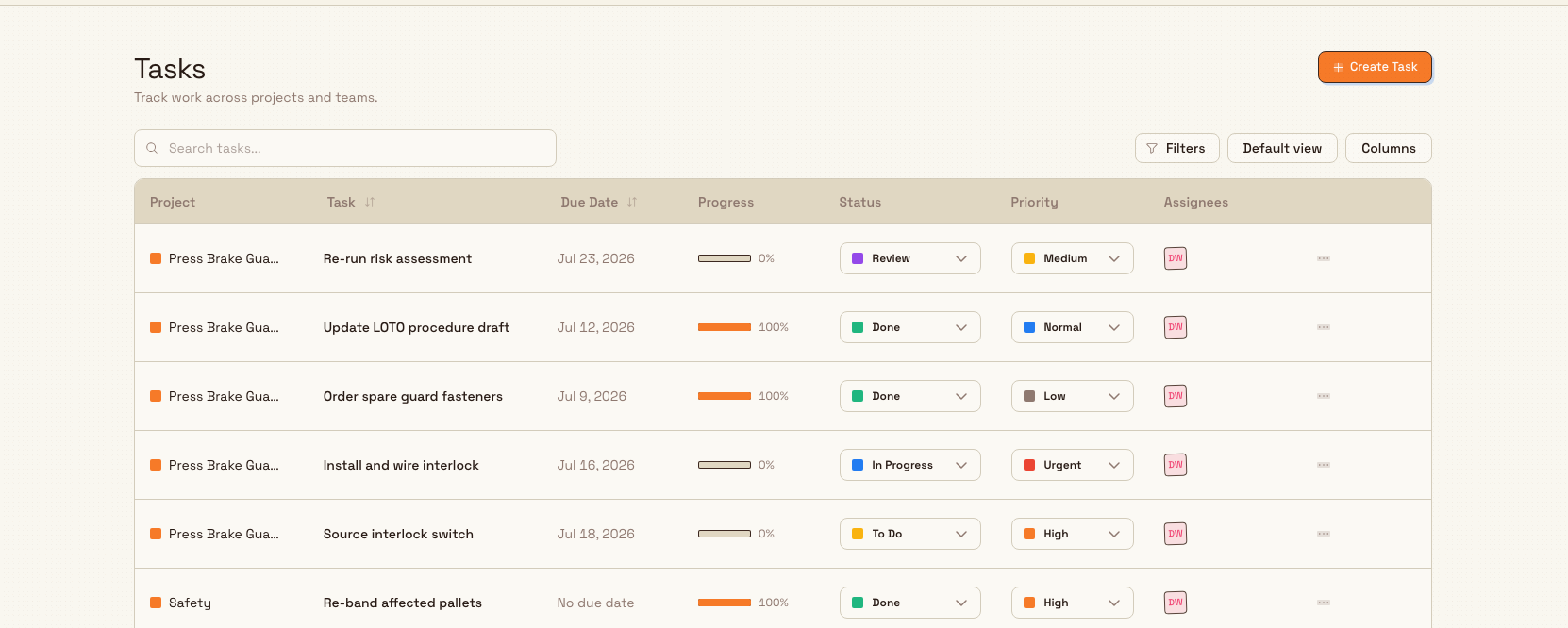 The Bulk Tasks list showing work items with status badges, priorities, assignees, and due dates.