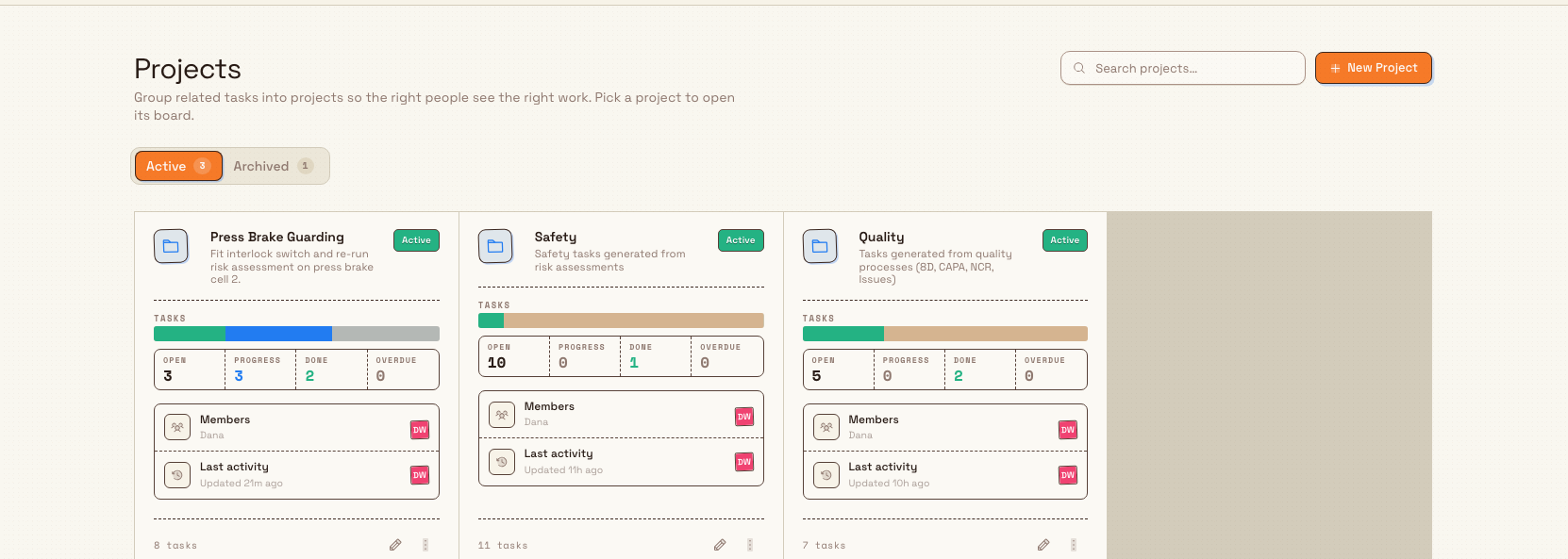 The Bulk Projects page showing the Active tab with a grid of project cards for Leeds Fabrication Plant.