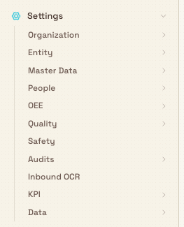 The Bulk left navigation with the Settings section expanded, showing the Organization, Entity, Master Data, People, and other administration groups.