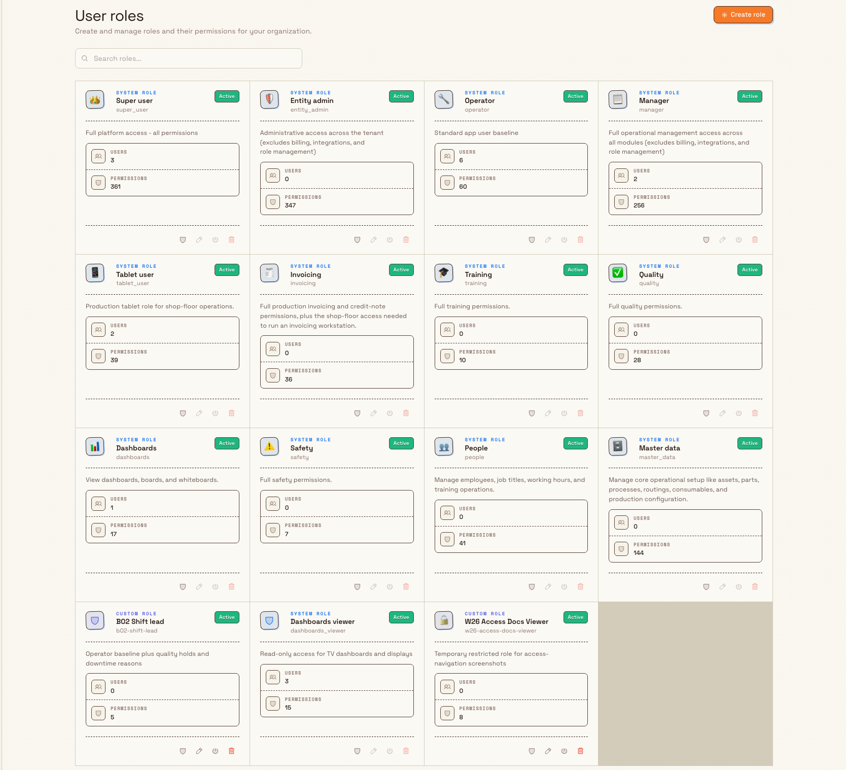 The User roles page showing role cards, each labelled either System role or Custom role, with a Create role button in the header.