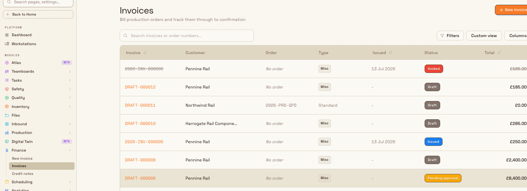 The Bulk Finance module showing the sidebar expanded to New invoice, Invoices, and Credit notes, next to the Invoices list with a New invoice button and status pills.