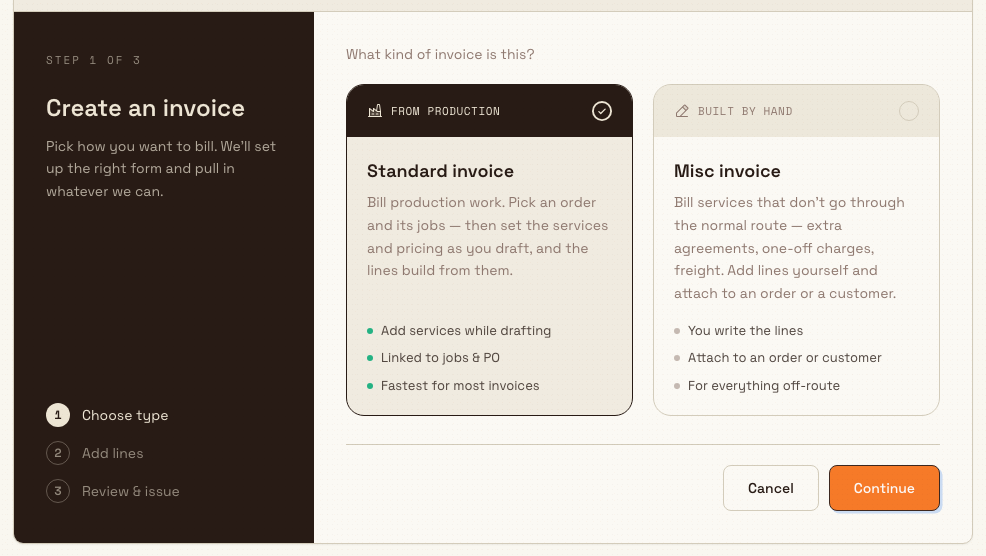 The Bulk new-invoice type chooser showing a Standard invoice card and a Misc invoice card, with a three-step wizard rail reading Choose type, Add lines, and Review and issue.