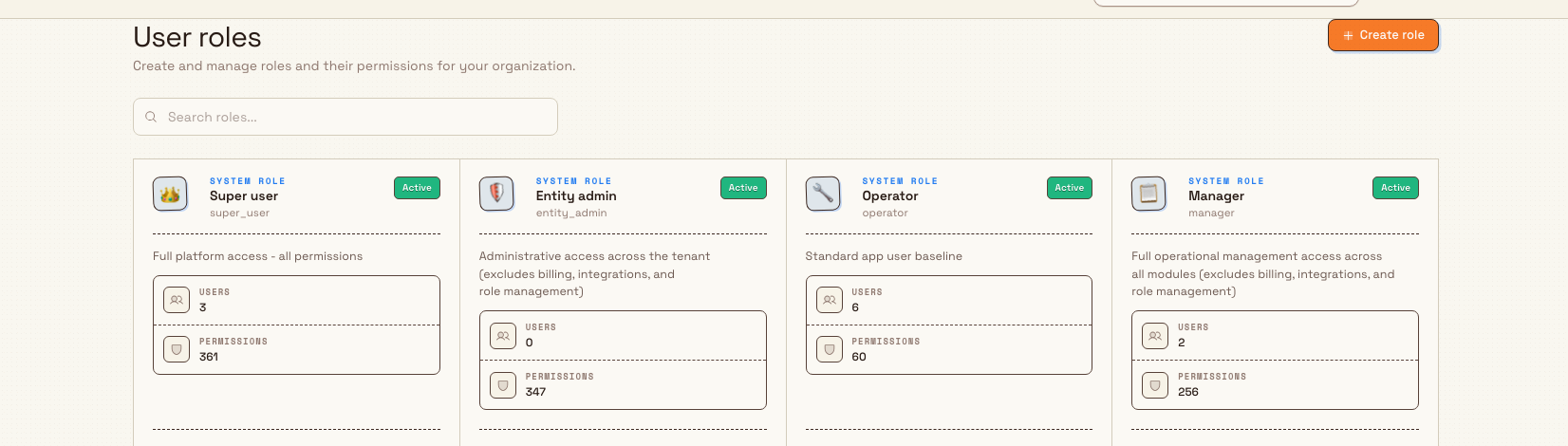 The User roles page in Bulk Settings showing the built-in Manager role card, labelled 'System role', with its description and its user and permission counts.
