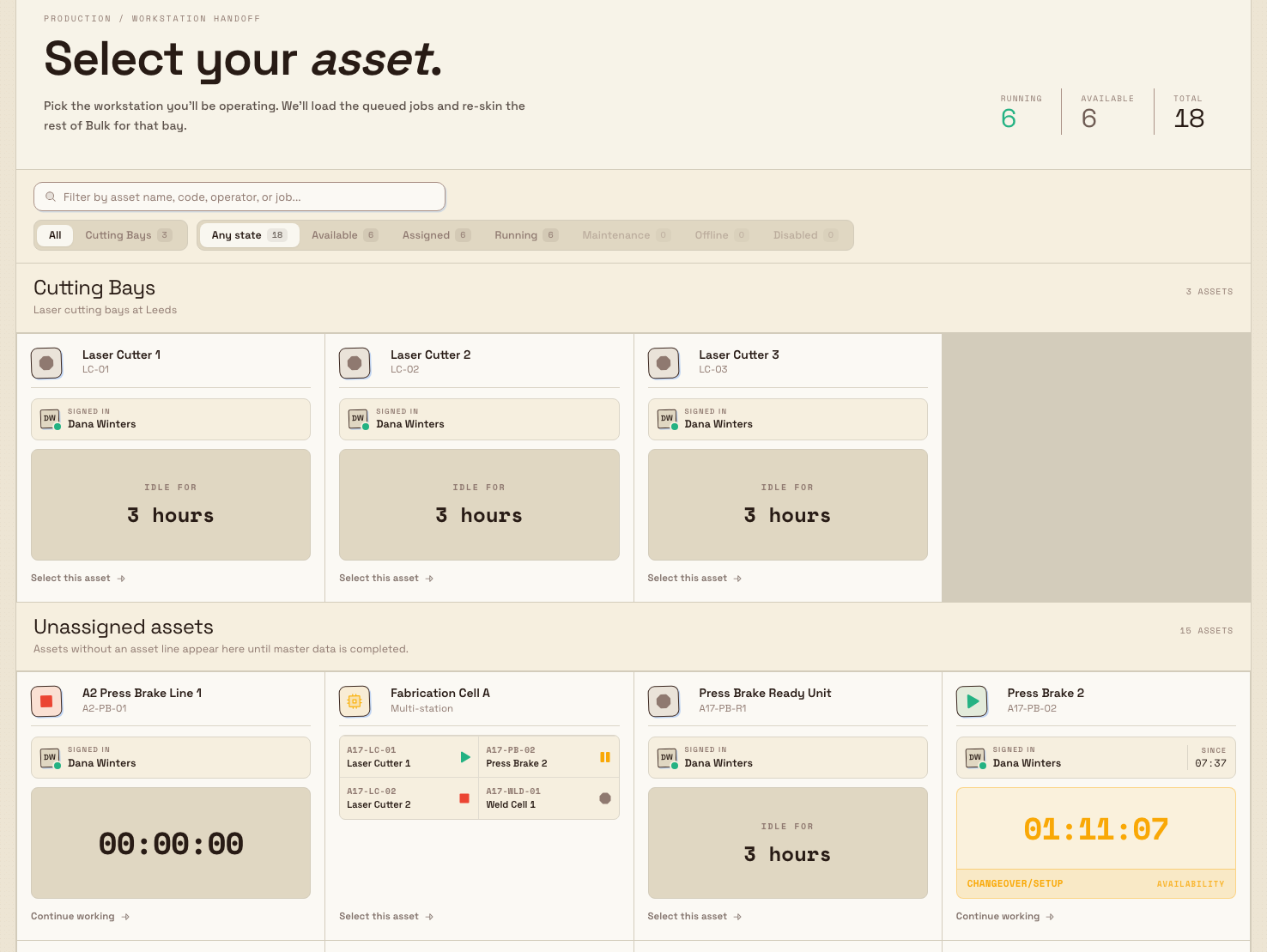 Select your asset screen with state counts, filters, and a grid of workstation tiles.