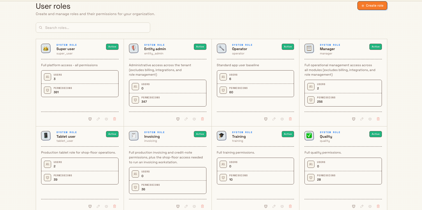 The User roles screen in Bulk settings, showing a grid of role cards such as Super user, Entity admin, Manager, Operator, Quality, and Safety, each with an emoji, a description, and user and permission counts.