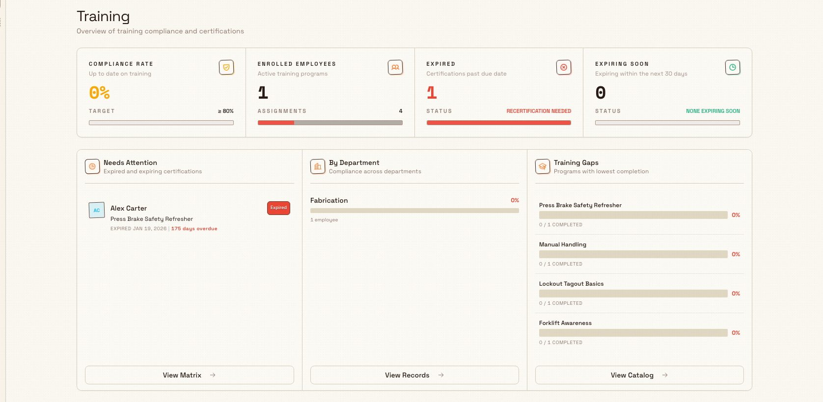 The Bulk Training dashboard showing a training summary strip and three widgets for expiring trainings, department compliance, and program gaps, with the Training section expanded in the left navigation sidebar.