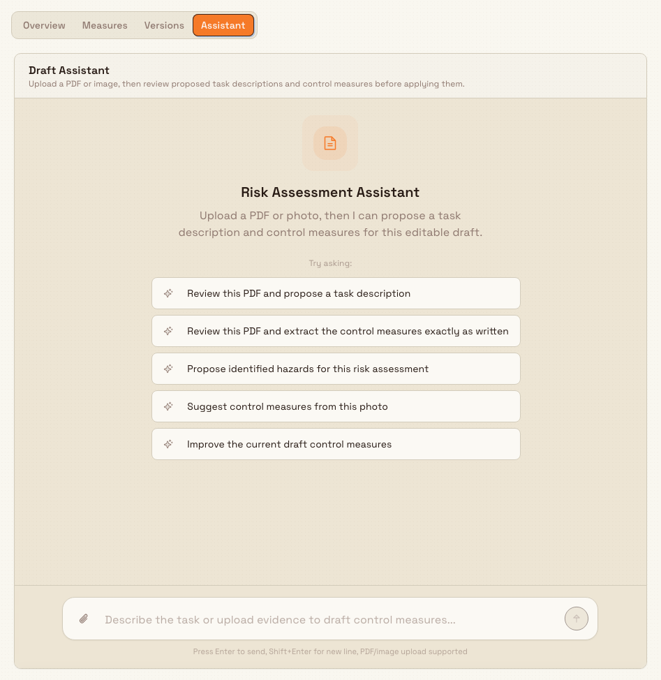The Assistant tab of a draft risk assessment showing the Draft Assistant panel, suggestion chips, and a message box that accepts PDF and image uploads.