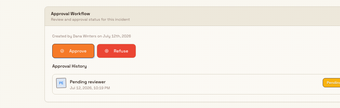 The Approval Workflow card on an awaiting-approval incident, showing the Approve and Refuse buttons.