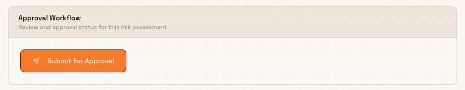The Approval Workflow section of a draft risk assessment showing a Submit for Approval button above a No approval activity yet empty state.