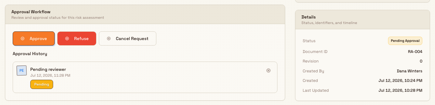 The Approval Workflow section of a pending risk assessment showing Approve and Refuse buttons with a Pending entry in the approval history.