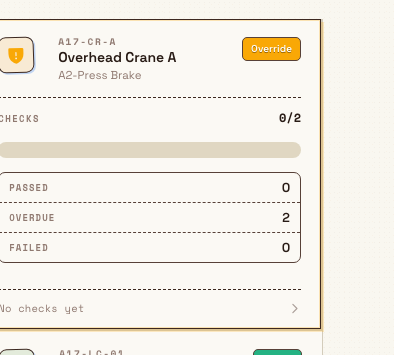 The asset checks side panel listing pre-use checks with requirement badges and Due or Completed statuses for a blocked asset.