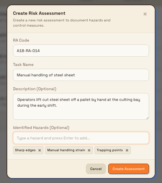 The Create Risk Assessment dialog with an RA code, a task name, and several hazard tags filled in.