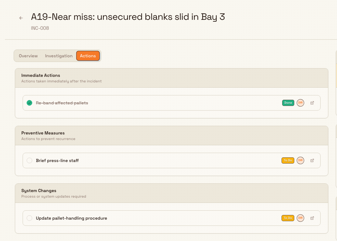 The Actions tab of a safety incident showing immediate actions, preventive measures, and system changes as linked tasks with status badges.