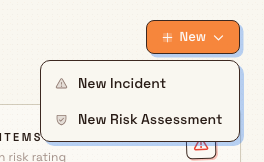 The New button menu open on the Safety dashboard, listing New Incident and New Risk Assessment.