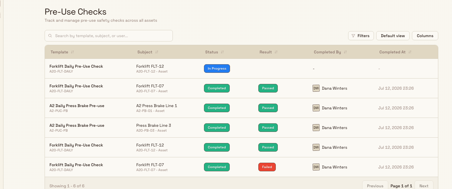 The Pre-Use Checks list showing rows of recorded checks with Status and Result badges.
