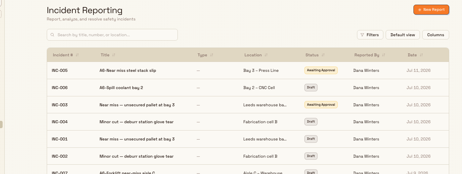 The Incident Reporting page showing a table of recorded incidents with a New Report button in the top-right corner.