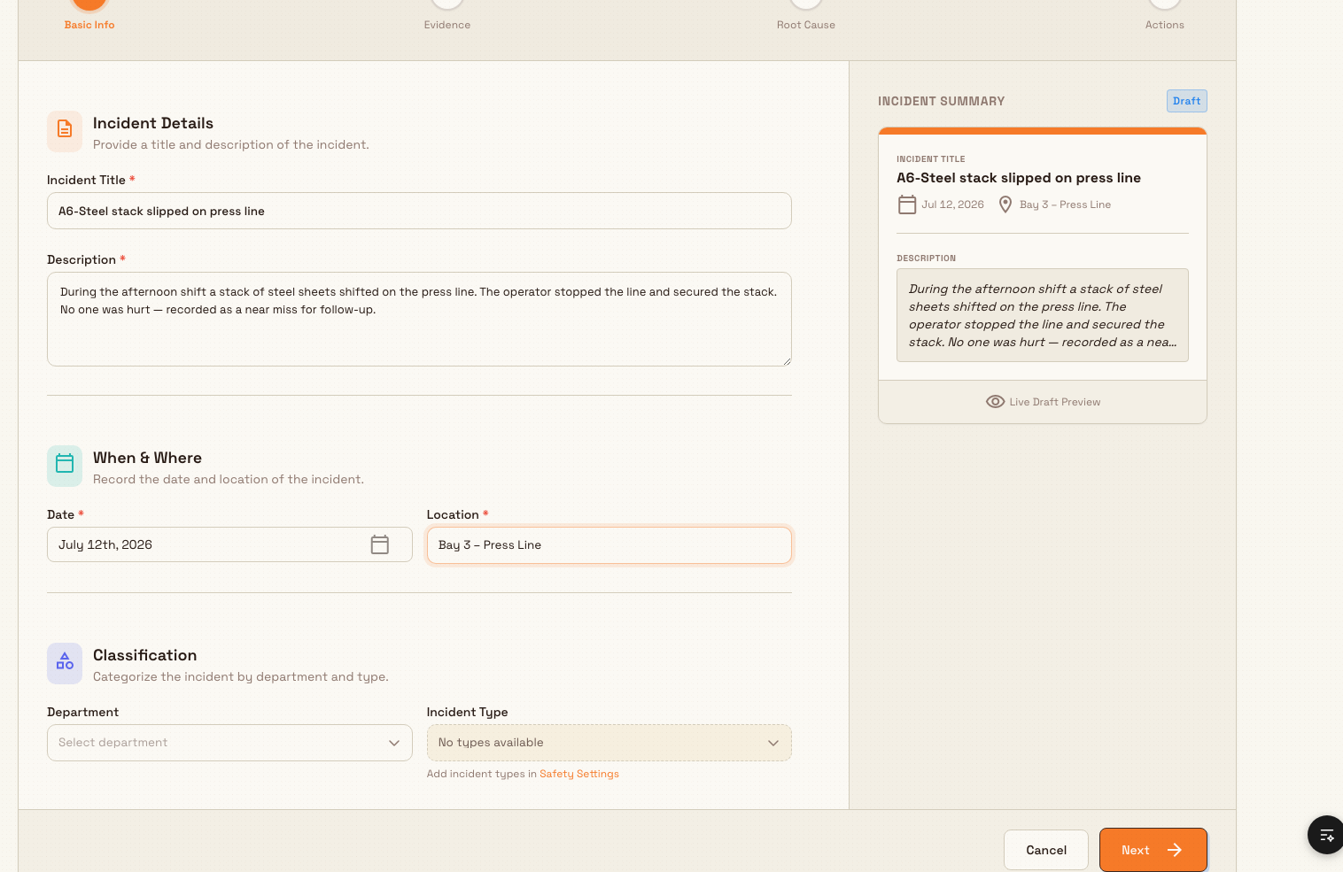 Step 1 of the incident report wizard with the Incident Title, Description, Date, and Location fields completed and a live preview panel on the right.
