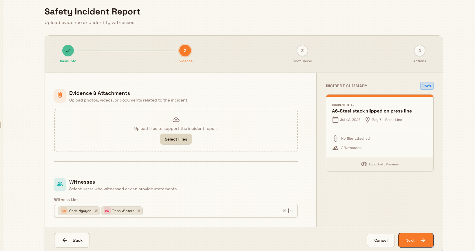 Step 2 of the incident report wizard showing evidence attachments and witnesses.