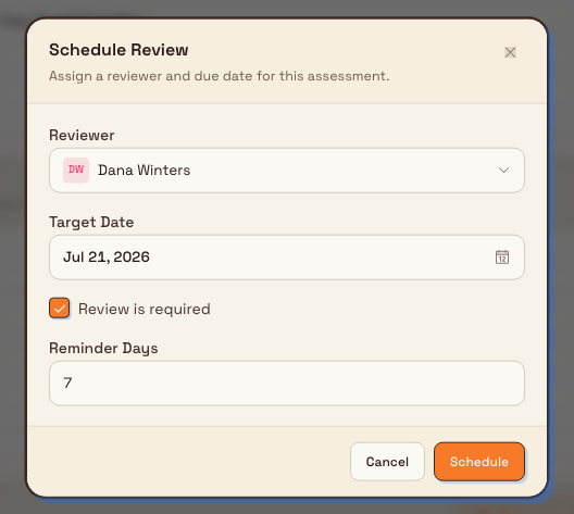 Schedule Review dialog with reviewer, target date, a required checkbox, and a reminder days field defaulting to 7.