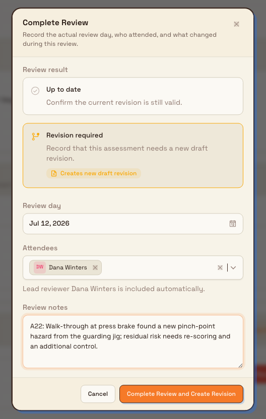 Complete Review dialog with Up to date and Revision required options, a review day picker, an attendees selector, and a review notes field.