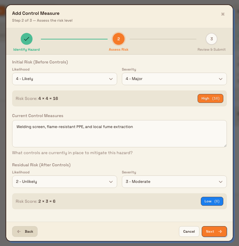 The Assess Risk step of the Add Control Measure wizard, showing likelihood and severity dropdowns with a live risk score preview and a coloured risk-level badge.