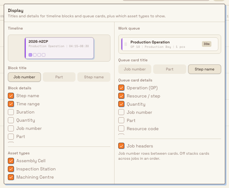 Display settings popover with timeline and work-queue previews, title and detail choices, three selected asset types, and Job headers enabled.
