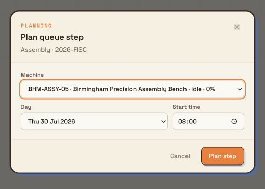 The Plan queue step dialog for job 2026-FISC with Birmingham Precision Assembly Bench and an 08:00 start selected.