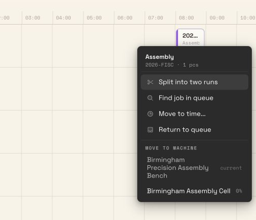 The planned Assembly block for job 2026-FISC with actions to split, find, move, return to queue, or change machine.