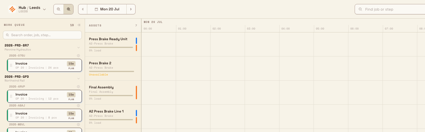 Planning board scrolled to next week with wider zoomed hour columns and a Back to today button in the date chip.