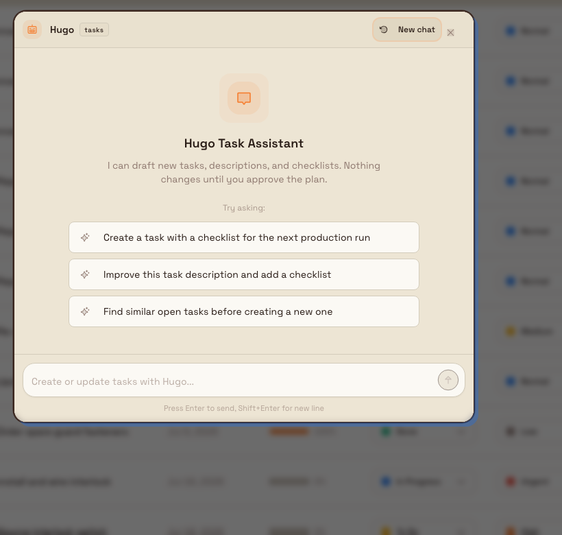 The Hugo Task Assistant panel open over the Bulk Tasks list, showing a greeting, suggested prompts, and a message box.
