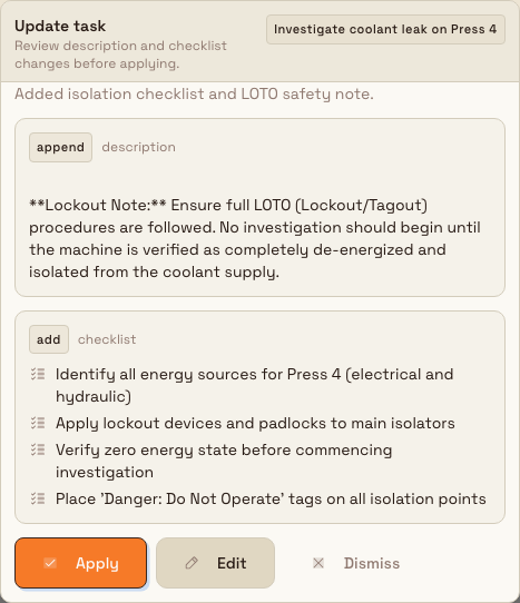 An Update task card in the Hugo assistant showing an appended description and added checklist items with Apply, Edit, and Dismiss buttons.
