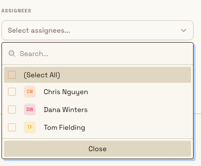 The Assignees section of a task's Overview panel in edit mode, with the Select assignees picker open and Save and Cancel buttons below.