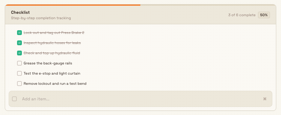 Inline checklist add-item form with an 'Add an item...' placeholder and add and cancel buttons.