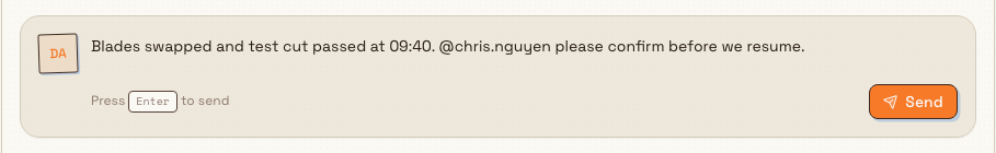 A task comment being composed, including an @mention of a teammate, with the Send button ready.