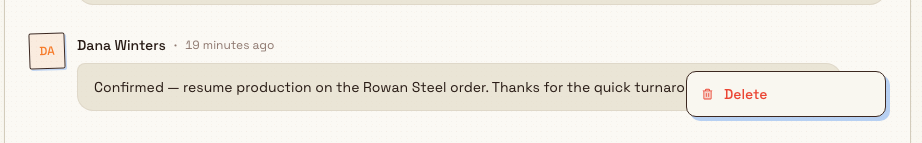 A user's own task comment with the more-options menu open and the Delete action visible.