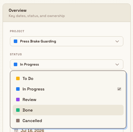 The Overview card on a task detail page with the Status selector open and Done highlighted.