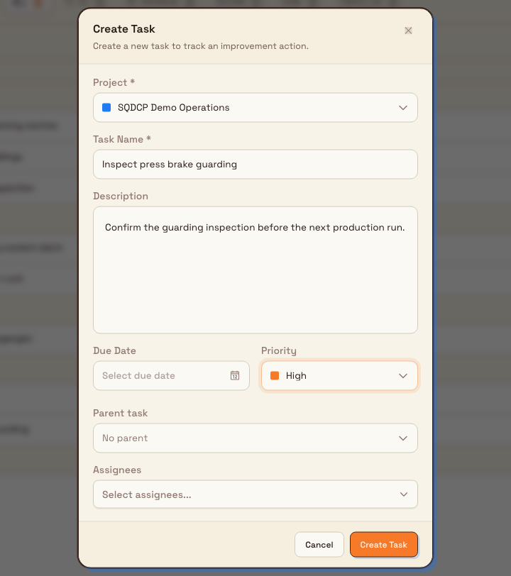 Create Task dialog with a selected project, filled task name and description, High priority, No parent, and empty optional due date and assignee fields.
