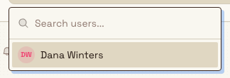 Add Follower popover with a Search users field and a list of user names each with a colored avatar of initials