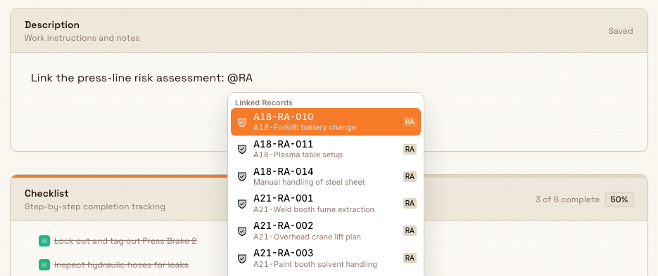 Task description editor with the @ Linked Records menu open, listing matching risk assessments, orders, and jobs with type badges.