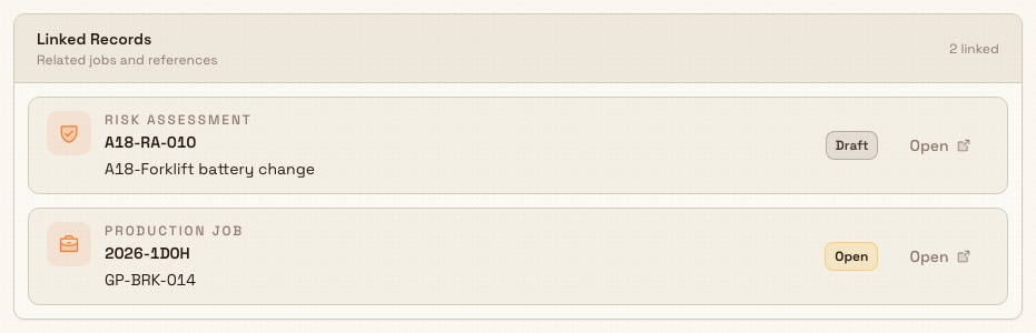 Linked Records card on a task Details tab listing a linked risk assessment and production job, each with a status badge and an Open button.