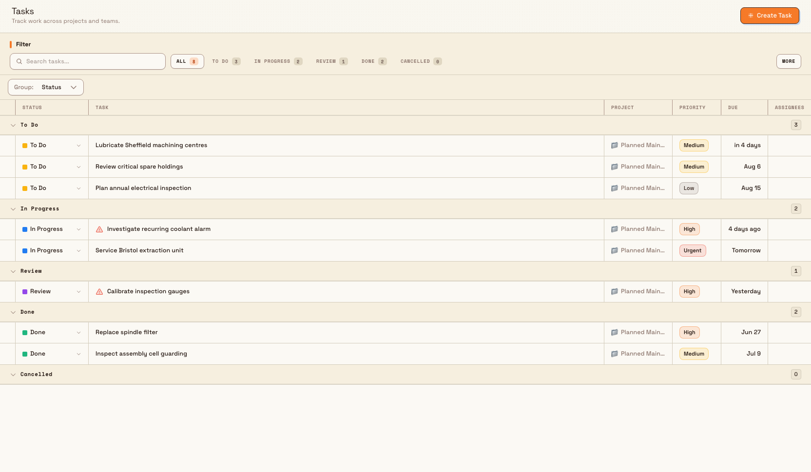 The Bulk Tasks sheet grouped by status, with filters, task rows, and an empty Cancelled group.